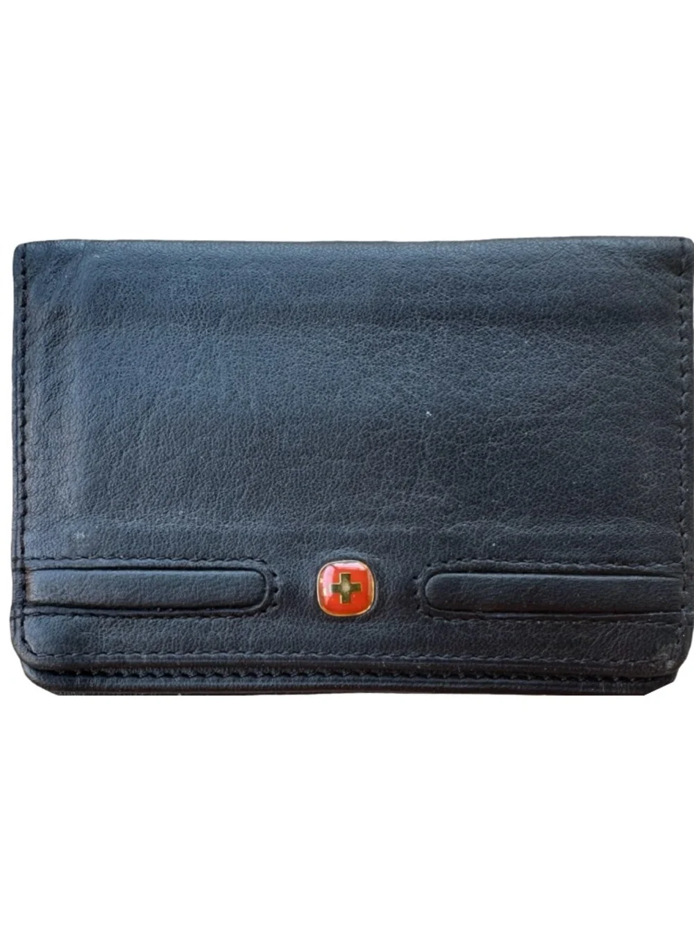 WENGER Black Leather Card Case Wallet 4 1/4”x3” Bifold Mini-Folio Clear ID